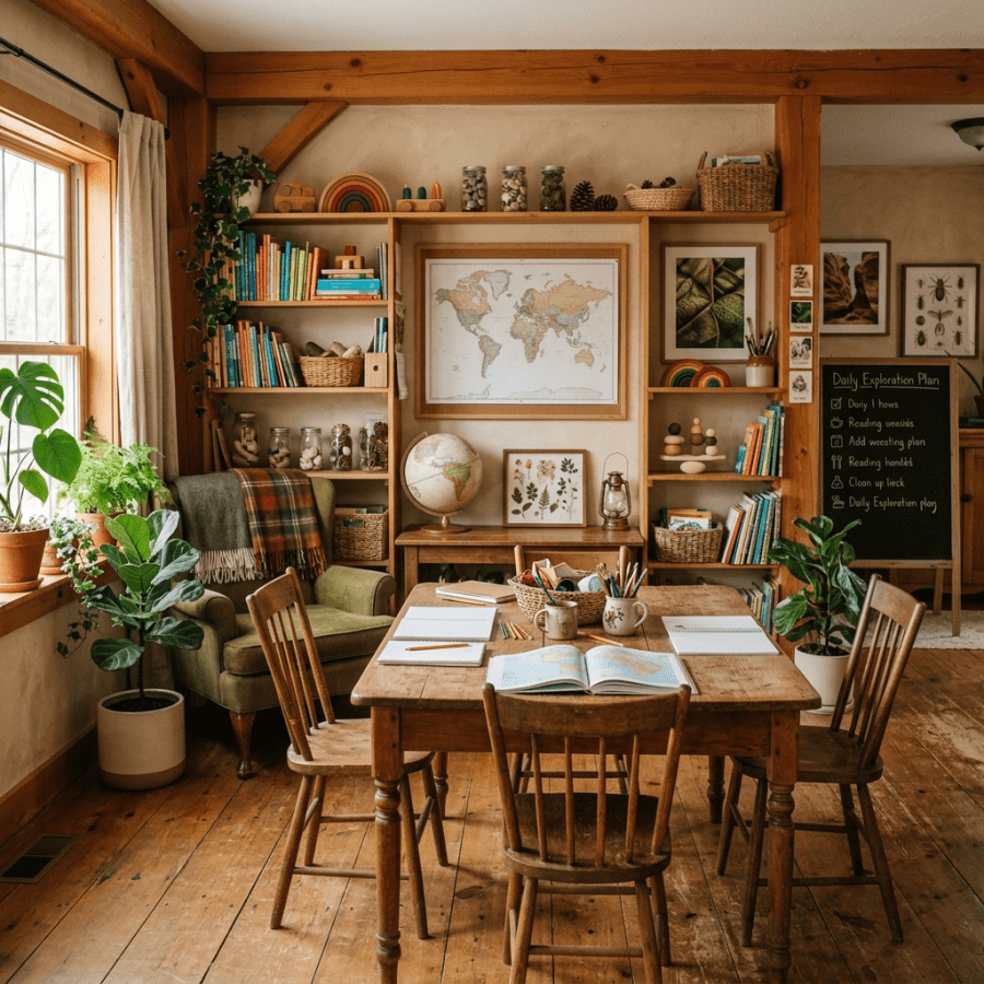 Two children studying at a wooden table in a well-organized homeschool room with bookshelves and educational posters